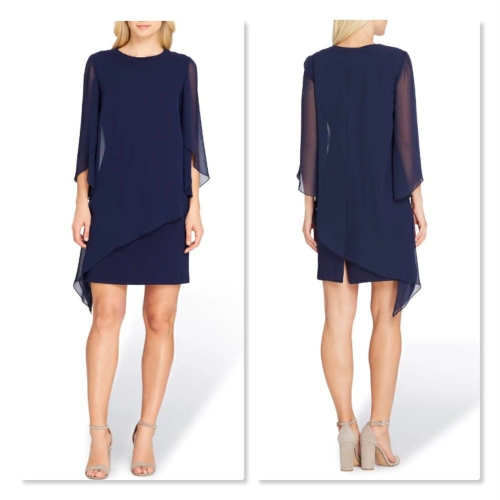 Tahari Chiffon Overlay Shift Dress - size 14 in Navy Blue